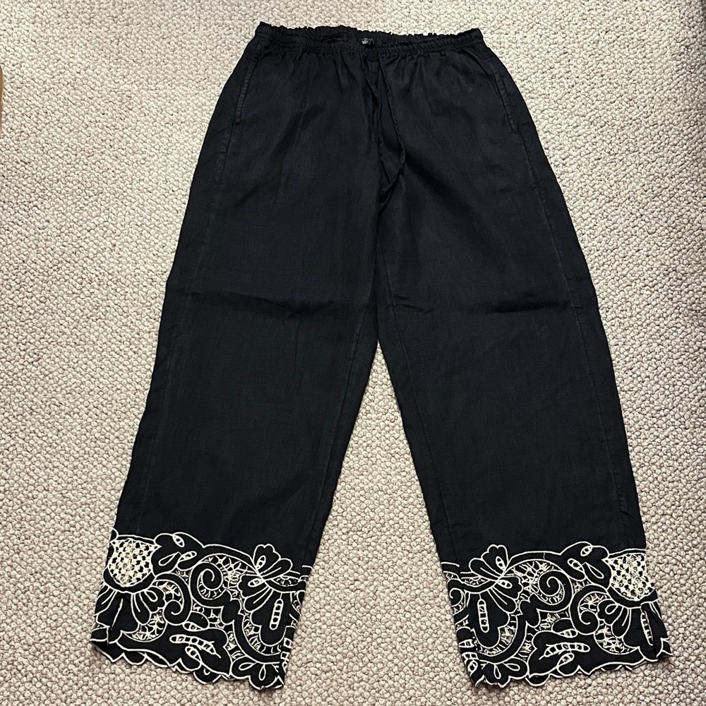 J. Crew Black Straight-Leg Pants with White Embroidered cutout Hem